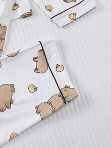 2pcs Autumn/Winter Capybara Print Pajama Set For Women, Comfortable Long Sleeve Lapel Button-Up Shirt With Chest Pocket And Relaxed Elastic Waist Pants, Sleepwear For Holiday Party, Soft Fabric For Casual Outdoor & Indoor Warmth, Fall Clothes - 棕色 - 查看 7