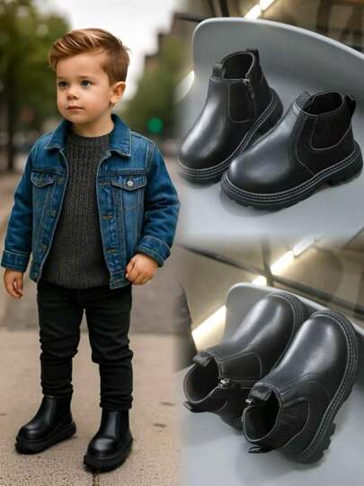 1 Pair Black Matte Leather Boots For Toddlers & Kids, Soft Knit Elastic Side Panel, Classic Side Zipper, Round Toe, Non-Slip Warm & Comfortable, Suitable For 3-12 Years Old Boys & Girls, Casual, School, Holiday Wear, Autumn/Winter