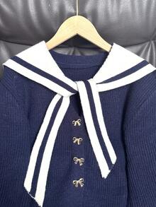 Navy Collar Bow Knit Cardigan, Versatile School Style Sweater