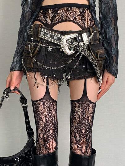 1 件套黑色复古提花渔网吊带紧身裤，Rockstar Y2K 小众朋克风格