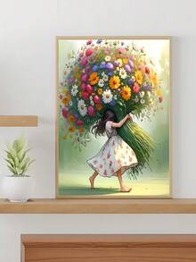 1pc Vintage Wild Flower Wall Art, Boho Canvas Wall Decor, Sage Flower Bathroom Wall Art, Countryside Landscape Poster, Pink Wild Flower Canvas Wall Art, Girl Hugging Floral Poster Print - Multicolor - View 6