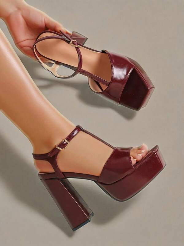 Women's High Heel Shoes, Solid Color, Nightclub Style, Buckle Closure, Thick Heel, Platform, Waterproof, Burgundy, Fashion Party Shoes, Banquet Shoes