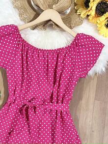 Floral Polka Dots With Belt Ruffle Hem Beach Women's Fashion - 玫紅色 - 查看 3