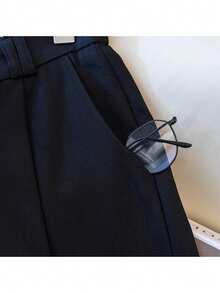 Calça feminina de perna larga, nova, outono/inverno, listrada, patchwork, cor contrastante, zíper, botão, bolsos, adequada para uso casual, escritório e deslocamento - Azul escuro - Ver 6