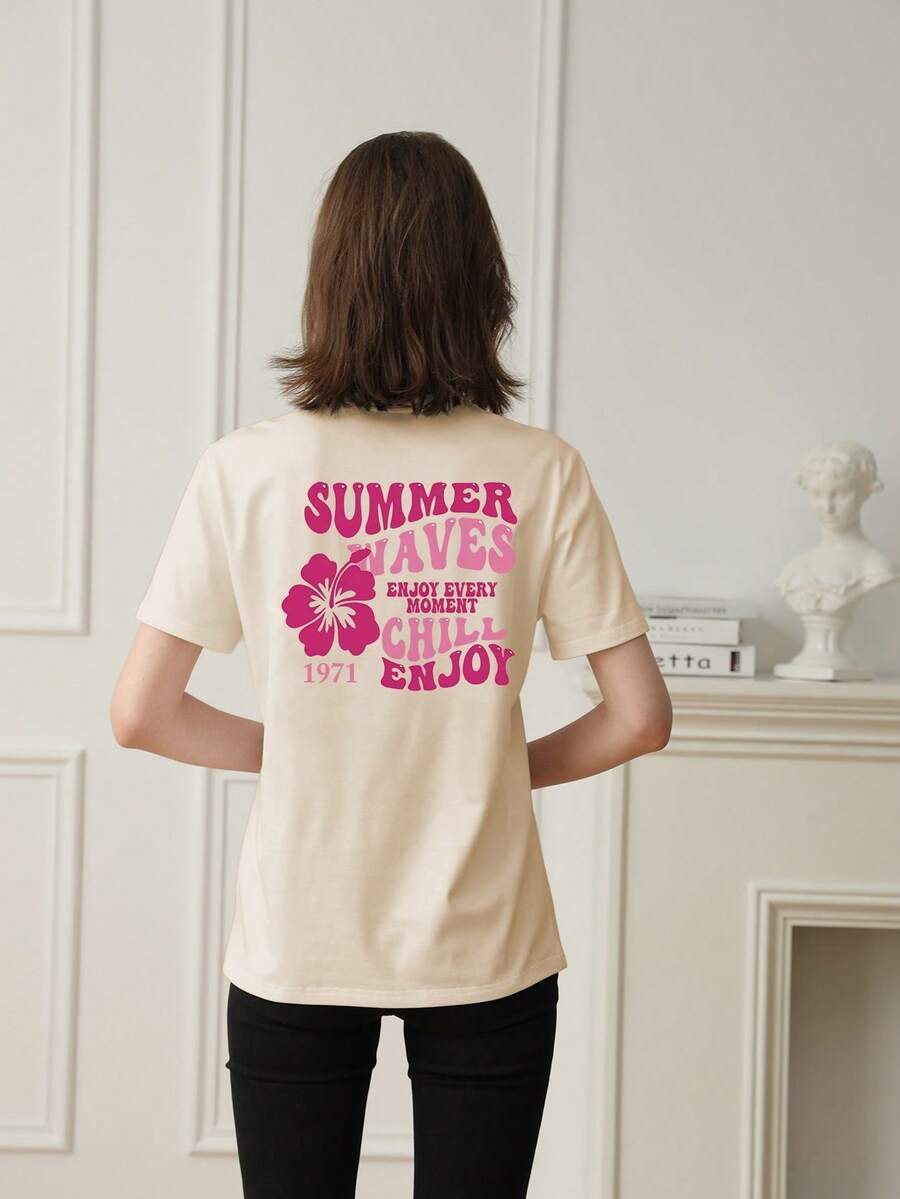 Summer Waves 新款花卉字母印花休闲圆领短袖粉色 T 恤，时尚日常穿着和节日必备