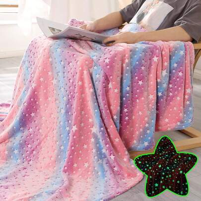 夜光彩虹星星儿童毯粉色夜光毯闪亮法兰绒羊毛毯超柔软沙发床午睡毯女婴生日礼物