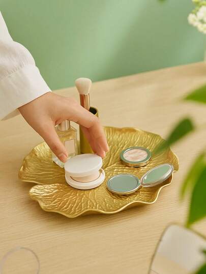 1pc Gold Leaf-Shaped Jewelry & Makeup Display Tray, Large Resin Lotus & Monstera Design For Vanity Storage, Fall Decor Gift For Women, Aesthetic Organizer For Bathroom, Desk, Or Dresser