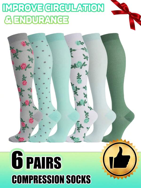Six Pairs Of Sports Compression Socks, Green Series, Flower Polka Dot Pattern, Casual And Comfortable, Non Slip Bottom, Suitable For Cycling, Running, Yoga, Mother's Day Gift
