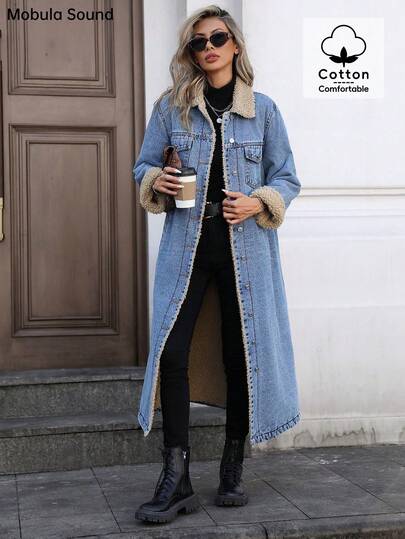 Mobula Sound Casual Thermal Lined Long Denim Jacket For Women, Suitable For Autumn/Winter