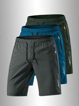 Men's Sporty And Casual Loose Quick-Drying Shorts, With Reflective Strip Design, Pocket, Zipper And Drawstring At The Waist, Suitable For Fitness, Running And Outdoor Activities