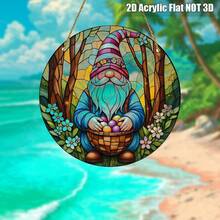 2D Flat, 1pc Easter Gnome Acrylic Suncatcher Wall Art Stained GlassStyle Decorative Plaque With Flowered Hat, Egg Basket & Whimsical Forest Scene, Pastel Hues & Polka Dots, 20.32cm X 20.32cm Home Office Decor, No Electricity Needed, Gnome Decor, Holiday Decoration, Polka Dot Accents, Artistic Craftsmanship, 2D Flat