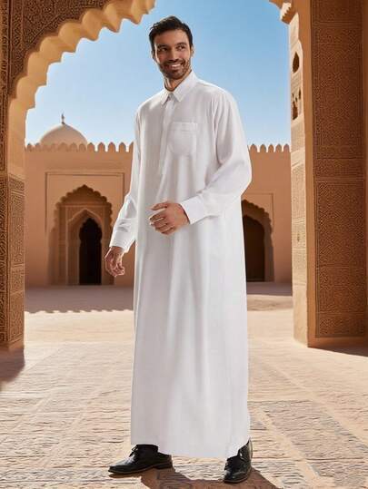Men's Solid Color Polo Collar Pocket Long Sleeve Arabic Traditional Robe, Autumn/Winter
