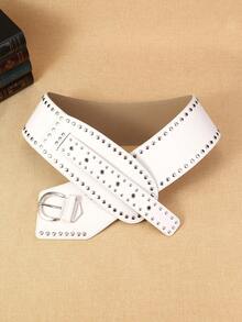 1pc Women's White Curved Waist Belt, Fashion Fashionable Western Cowboy Metal Leather Belt, Holiday Valentine's Gift, PU Beach Accessory Suitable For Daily Use Fall, Autumn, Halloween - White - View 6