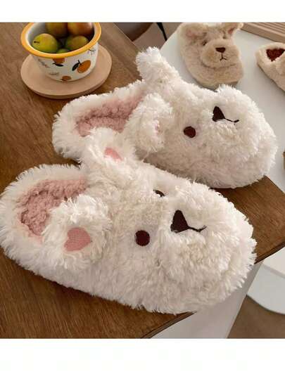 XIXITIAO 1双可爱卡通毛绒拖鞋，女士款，柔软保暖，室内家居鞋，加厚内里，兔子和小熊图案，秋冬款