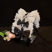 1pc Lolita Style Girl Faux Pearl Bow Lace Headband + Cute Countryside Themed Headpiece Ribbon Maid Headdress, Suits 2D Lolita Halloween