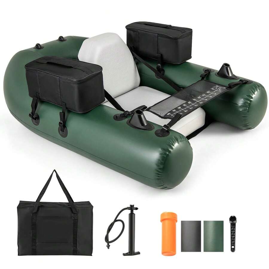 Lifezeal Inflatable Fishing Float Tube With Fish Ruler Angling Base 2 Storage Pockets Pump - Green - View 1