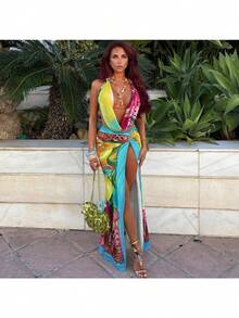 2025 Summer New Women's Clothing Fashion Sexy Halter Neck Open Back Top Split Skirt Set - 彩色 - 查看 2