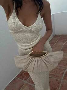 Women Two Piece Sequin Skirt Outfits Sparkly Sleeveless Spaghetti Strap Scoop Neck Cami Tops Low Rise Bodycon Maxi Skirts Sets Summer Glitter Knitted Skirt Sets Beach Club Party Going Out - 米色 - 查看 3