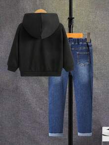 2 件男童秋季服装：夜光恐龙印花连帽运动衫 + 抗皱牛仔裤，休闲日常穿着 - 黑色 - 查看 3