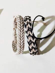 2pcs Men's Fashionable Retro Simple Versatile Braided Bracelet - Black and White - View 7