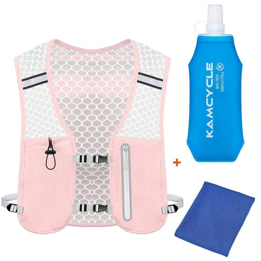 Áo chạy bộ kèm bình nước mềm 500ML và khăn làm mát cho nam nữ, áo phản quang nhẹ, áo chạy bộ chức năng thoáng khí, ba lô đựng nước Camel, ba lô đựng nước cho chạy đường mòn, đạp xe, đi bộ đường dài và chạy marathon, túi đựng đồ tập thể dục, phụ kiện chạy bộ, túi thể thao cho nữ, túi thể thao cho thể dục, tập thể dục, túi du lịch dung tích lớn cho kỳ nghỉ, cho nam, đồ dùng du lịch thiết yếu, bền bỉ cho chạy bộ, đi bộ đường dài - Balo hồng + cốc nước + khăn lau mồ hôi - Xem 1