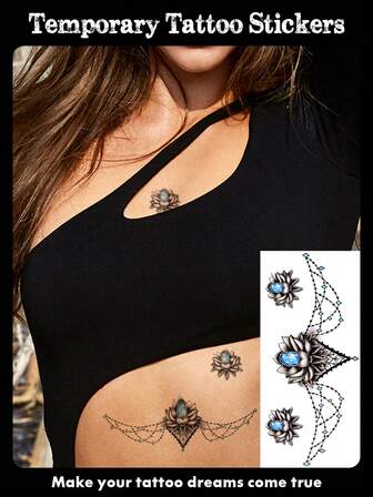 1 张经典梦幻花朵、钻石流苏图案、防水临时纹身贴纸，粘贴在手臂、胸部、肩膀、腰部、背部，人体艺术假纹身适合男性和女性，易于使用和快速去除，适合派对、节日、万圣节的人体艺术