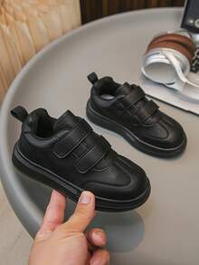 Children's Fashion Black Canvas Sneakers, Leather Upper Outdoor Casual Shoes For Kids, Toddler Slip-On Trainers For All Seasons, Recommended For Back To School - Black - View 2