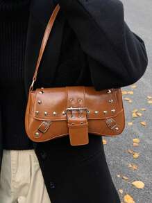 时尚撞色豹纹铆钉装饰朋克腋下包皮扣翻盖单肩包，适合逛街、钱包、逛街、年轻女性、大学生、新人、白领。非常适合办公室、大学、工作、商务、通勤、户外活动、旅行和郊游