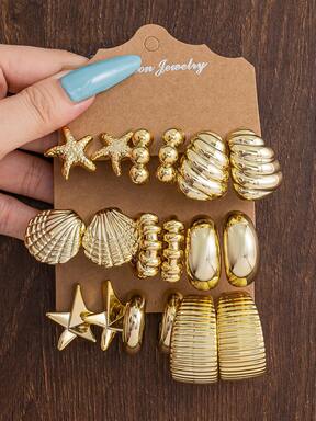 2-18 piezas Pendientes de mujer con elementos de estrella de mar y concha, elegantes y de moda, aptos para uso diario durante todo el año