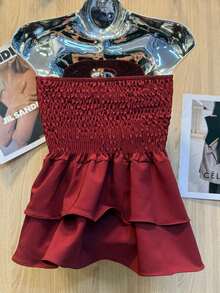Cropped Elastic Blouse With Ruffle - Burgundy - View 2