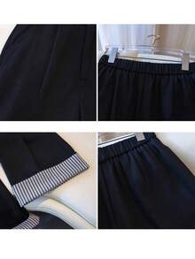 Calça feminina de perna larga, nova, outono/inverno, listrada, patchwork, cor contrastante, zíper, botão, bolsos, adequada para uso casual, escritório e deslocamento - Azul escuro - Ver 8
