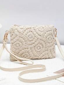 Túi xách mini đi biển, ví đựng tiền xu đeo cổ tay, túi đeo chéo vai nữ, túi đeo vai nhỏ gọn đa năng thời trang xuân hè mới, túi vuông ngọt ngào - Màu be - Xem 2