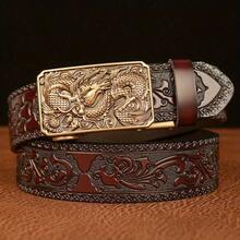Western Cowboy Genuine Leather Belt Animal Print Belt - Men For Women Fashion Retro Waist Strap Decoration Floral Engraved For Jeans Belt,With Automatic Buckle Perfect Accessory For Business And Casual Accasions - 黑色銀色 - 查看 3