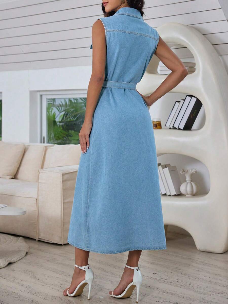 Sleeveless Button Tie Women's Denim Dress - Light Wash - View 1