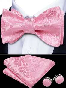 1 Pc Groomsmen 3‑Piece Set (Bow Tie + Pocket Square + Cufflinks) – Vintage Paisley Wedding Accessories Kit, Wrinkle-Free Gold Textured Bowtie Gift For Groom, Formal Party, Holiday, Best Man Outfit