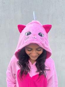 Pijama Fofinho Fleece Macacão Infantil Gatinha Rosa Kigurumi Feminino Meninas Original - Rosa Bebê - Visão 8