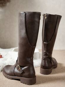 Fall/Winter 2025 Simple & Fashionable Women's Knee High Boots, Non-Slip, Comfortable, Versatile Buckle Decor, British Style, Plus Size - Brown - View 9