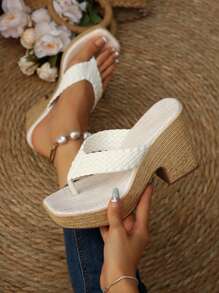 Women's Woven Decor Solid Color Design High Heel Sandals, New Summer Ladies' Thick Heel Flip Flops Fashion Simple Holiday Lightweight Comfortable High Heel Sandals