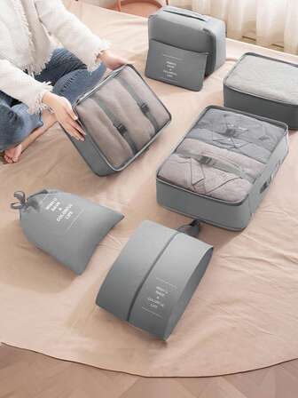 7pcs Travel Organizer Set - Waterproof Packing Cubes, Portable Luggage Bags, Clothes Storage Bags, Travel Organizer Bags, Minimalist Polyester Luggage Organizers, Travel Essentials, Toiletry Bag, Drawstring Travel Bags, Multi-Size Travel Organizers For Men & Women, Bedroom, Dorm, Moving, Foldable Airplane Carry-On Luggage Organizer Bags, Dorm Essentials, Back To School, Beach Vacation, Boho Style, Christmas Gift