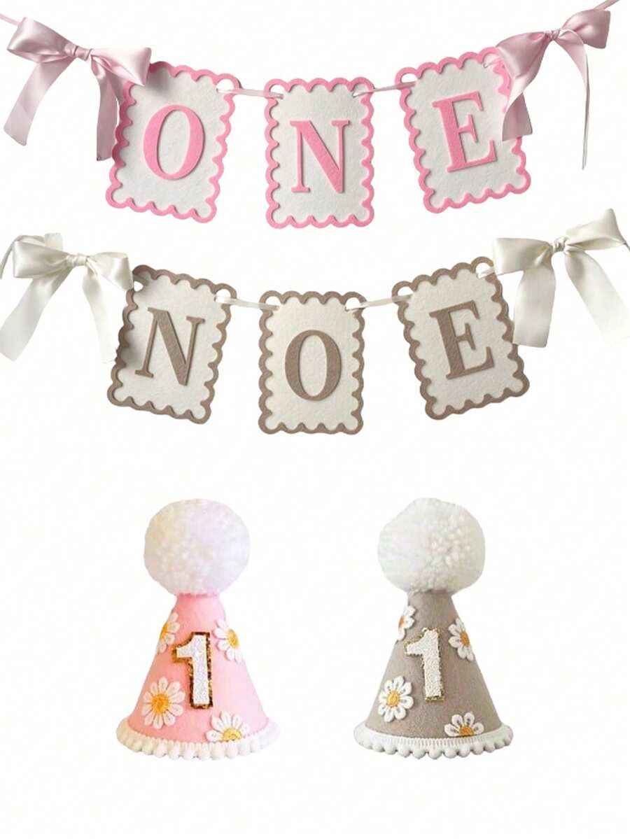 1pc First Birthday Hat With Pink Brown Flag - Girl's First Birthday Decoration, Cake Smashing Sparkling Cone Hat, Original Color Party Hat, Sweet First Birthday Photo Promotion For Little Princess, Suitable For Baby Showers, Baby Theme Parties - Multicolor - View 1