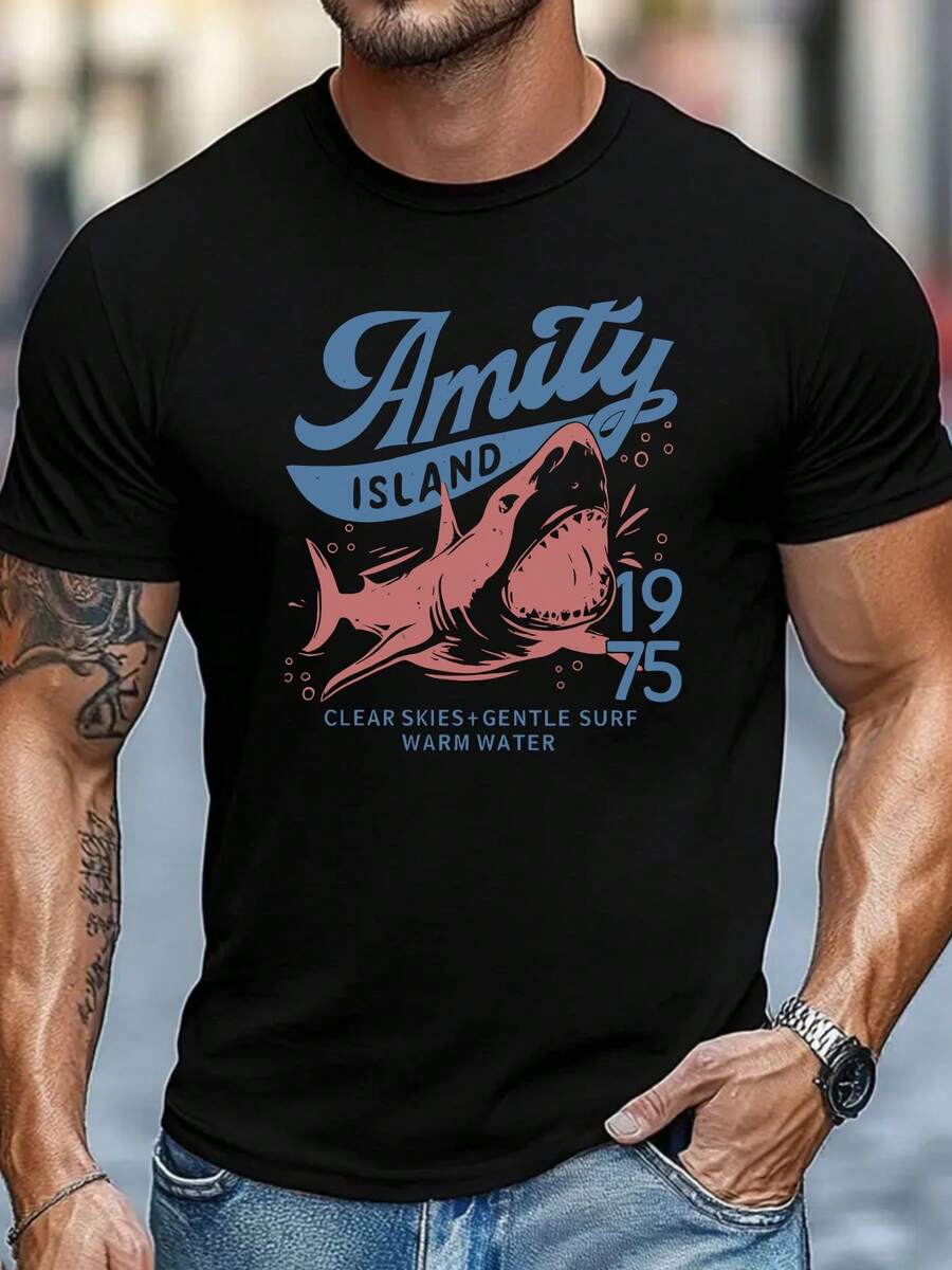 Camiseta Gráfica Vintage de Tiburón Blanco para Hombre de 1975 - Camiseta Retro de Playa de Verano "Amity Island", Cuello Redondo Casual de Manga Corta, Poliéster Ligero, Perfecta para Atuendo Casual - Negro - Ver 1