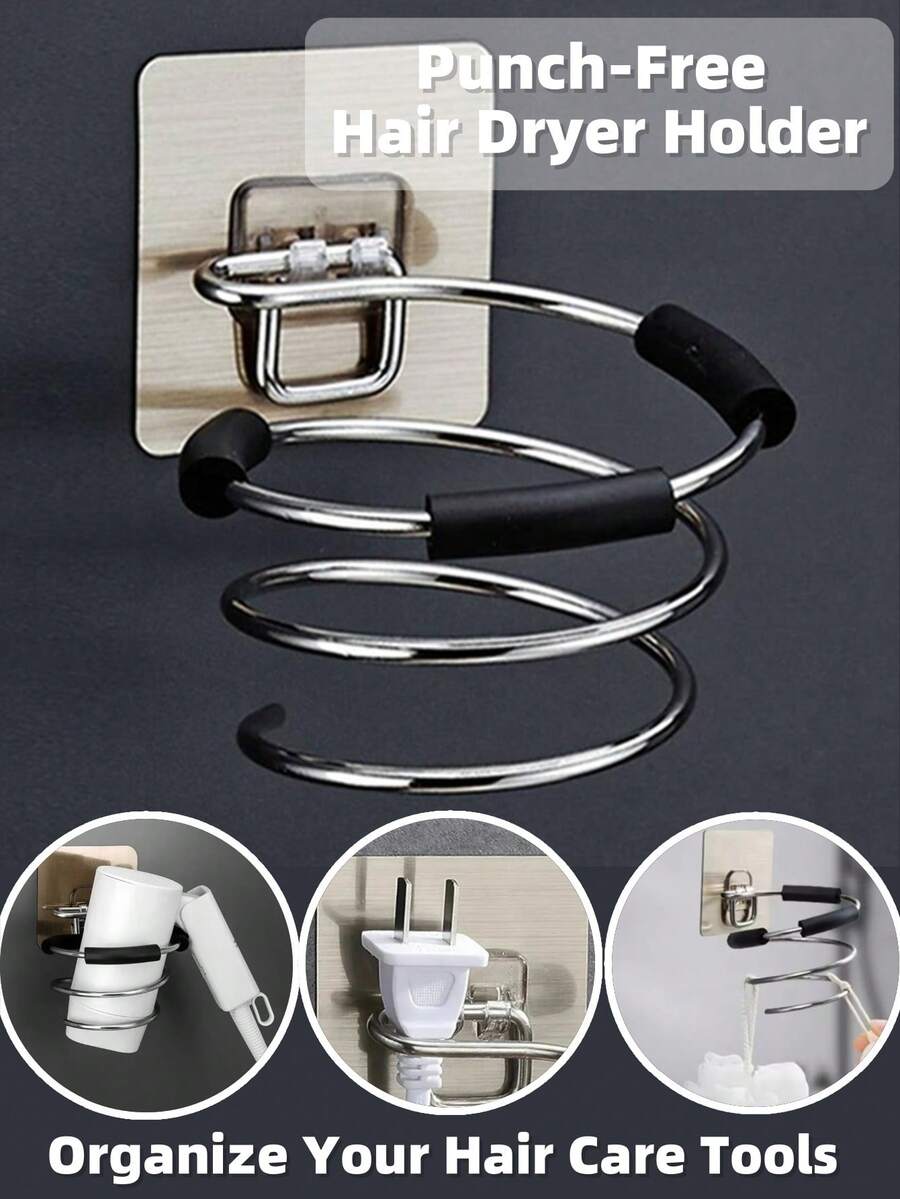 1pc, Stainless Steel Hair Dryer Rack Holder - Punch-Free Hair Dryer Holder For Home And Bathroom - Organize Your Hair Care Tools And Keep Your Bathroom Clutter-Free, Bathroom Hair Dryer Holder Hair Care Tools Holder Adhesive Wall Mount Barber Salon Tools Bathroom Storage Bathroom