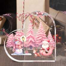 1 pièce Plaque acrylique rose avec sapin de Noël, cœur et Père Noël. Décoration de chambre mignonne avec bonhomme de neige et traîneau pour les filles. Présentoir de bureau et cadeau de Noël pour les amies
