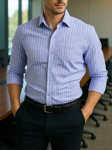 Luxury Wingtip Collar Dress Shirt For Groom, Stretch Comfort Fit, Wrinkle-Free & Breathable Fabric, Self-Tie Bow Tie, Black Tie Wedding & Gala Essentials - 藍白細格 - 查看 1