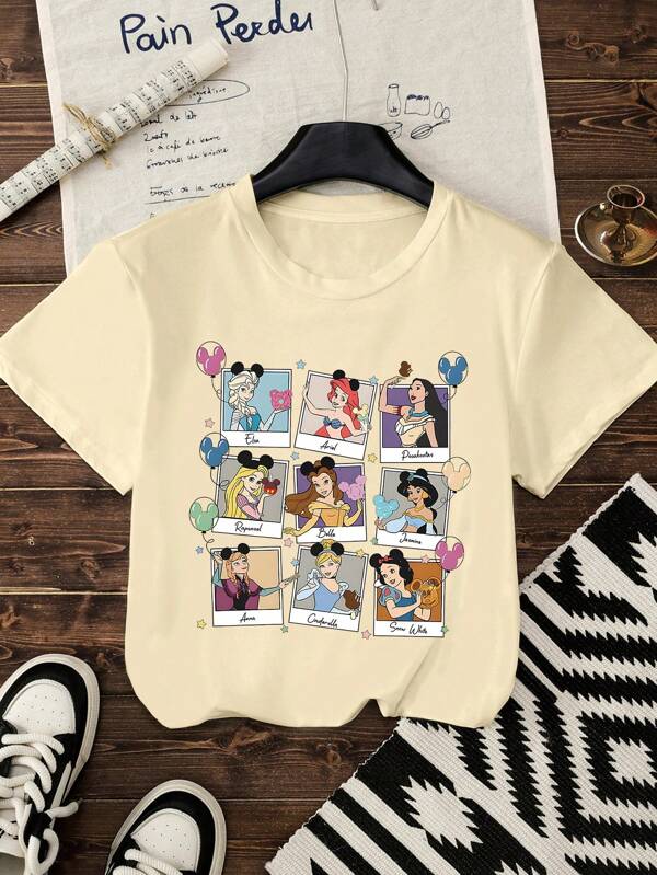 Disney Maglietta casual da donna con stampa a palloncini, girocollo, maniche corte, autunnale, color albicocca
