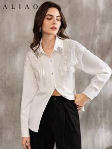 Glazenia Spring White 3D Floral Sequin Embroidered Long Sleeve Blouse, French Elegant Style For Valentine's Day, Wedding, Party - View 7