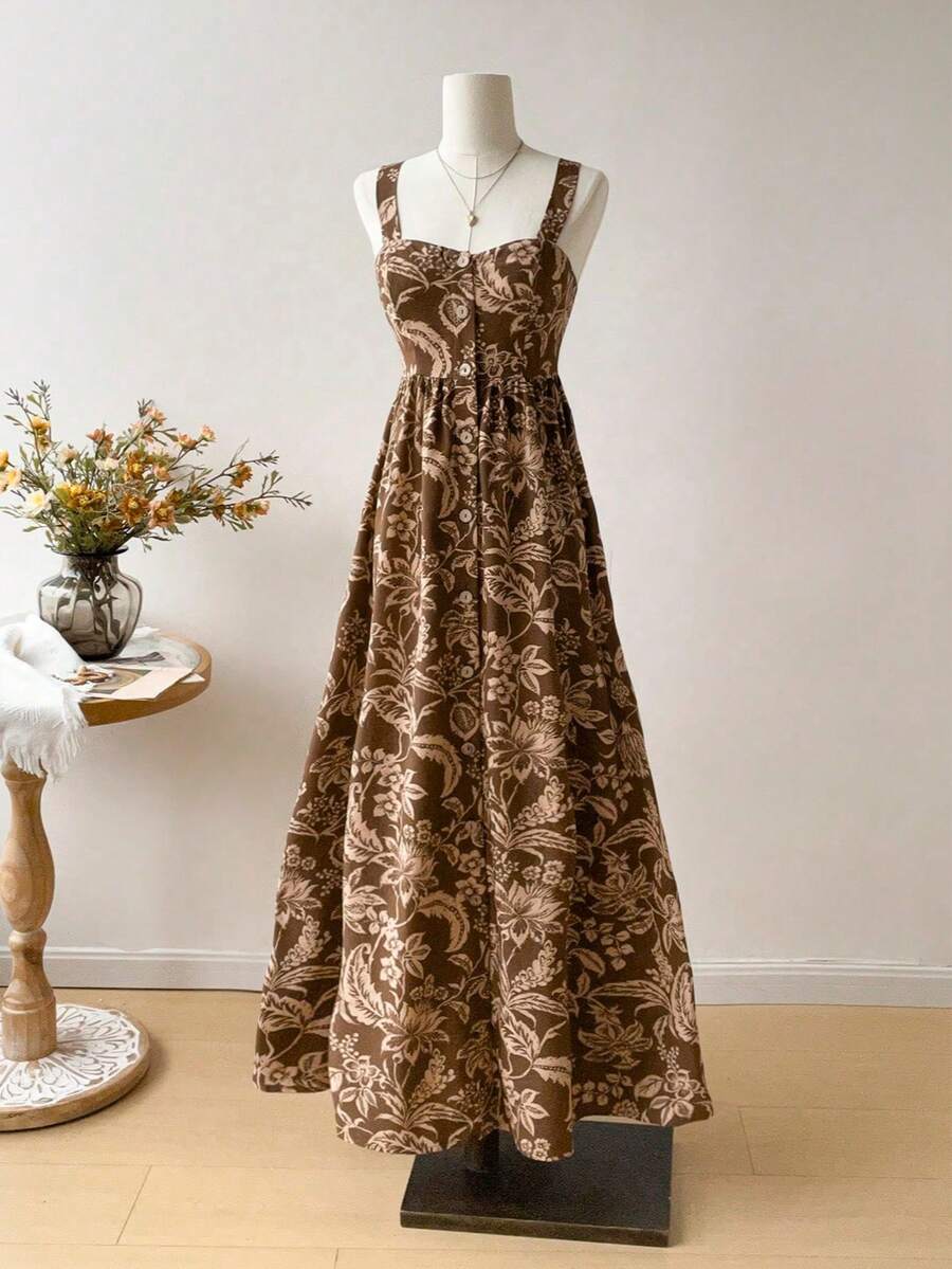 Rusttydustty Váy Maxi Hoa Nâu Cổ Điển Không Tay Cạp Cao Boho Sundress Váy Dài Hoa Boho - Xem 1