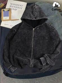 Autumn And Winter "It Is What It Is" Pattern Men's Hooded Sweatshirt Top, Slightly Elastic Fit Washed And Distressed Cotton Black Long-Sleeved Cardigan Zipper Sweatshirt, Outdoor Daily Casual Jacket