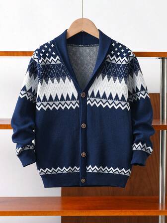Boys & Teens' Geometric Pattern Contrast Collar Knit Cardigan Sweater, Suitable For School, Everyday Wear, Spring, Autumn, Winter