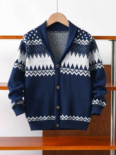 Boys & Teens' Geometric Pattern Contrast Collar Knit Cardigan Sweater, Suitable For School, Everyday Wear, Spring, Autumn, Winter
